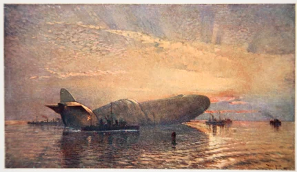St. George and the Dragon: Zeppelin L15 in the Thames, duben 1916, ilustrace z „The Naval Front“ od Gordona S. Maxwella, 1920
